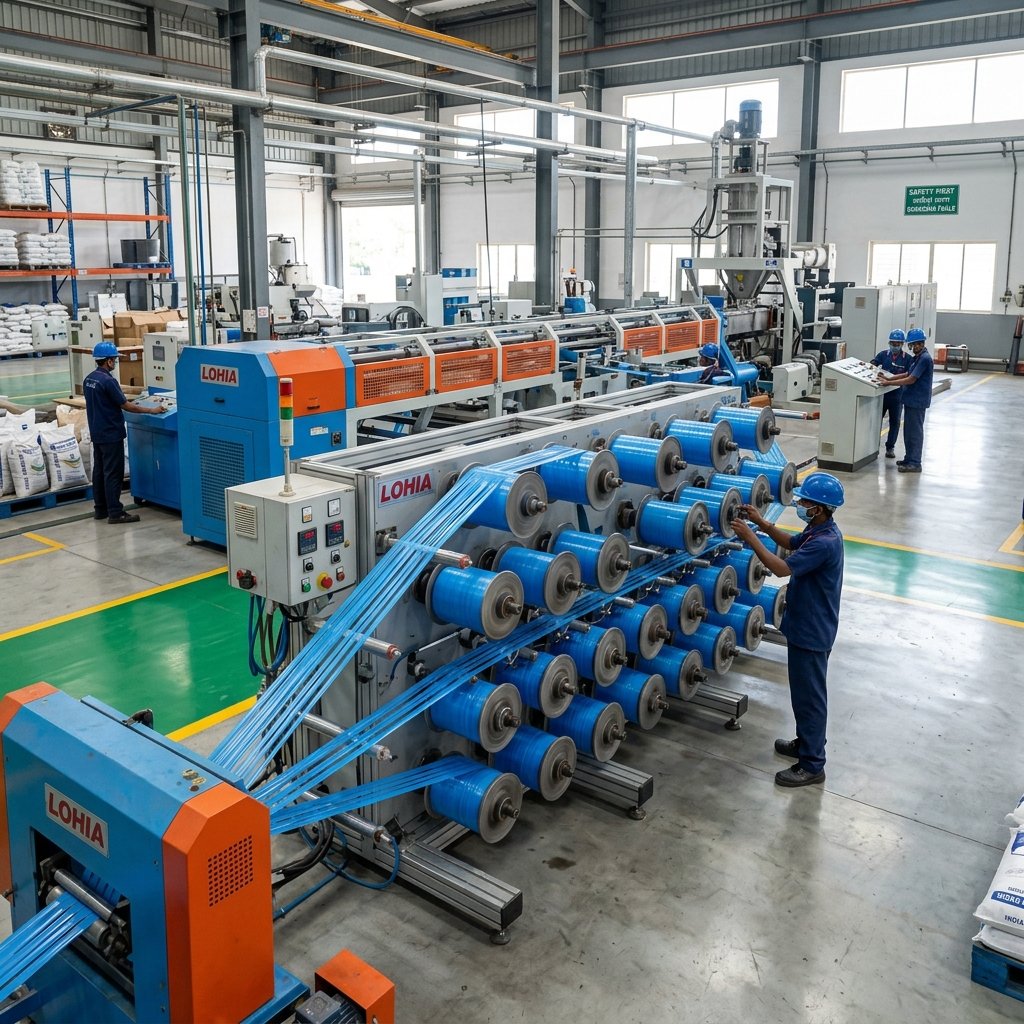 Lohia flat tape extrusion line at Hari Polytex Morbi factory