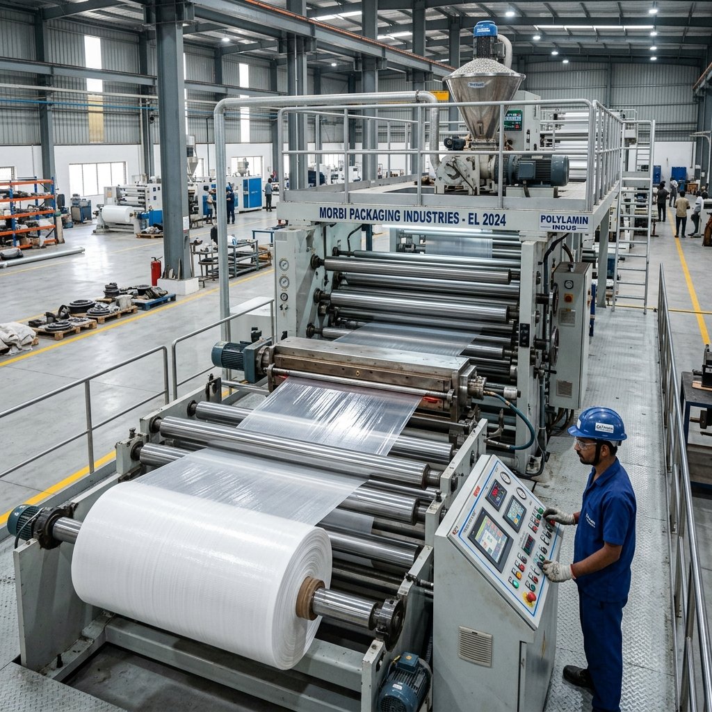 Extrusion lamination plant machine applying coating barrier